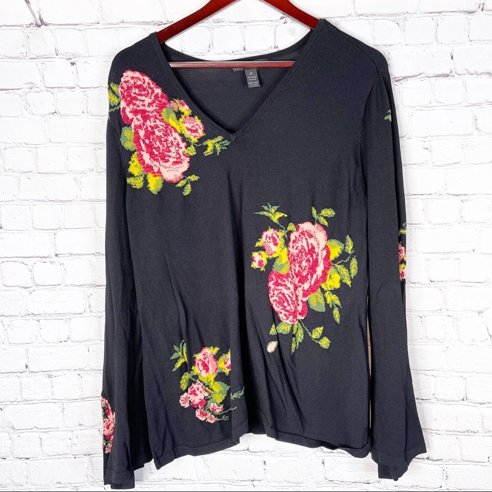 INC Floral Rose Black Light Weight Sweater Plus 2X